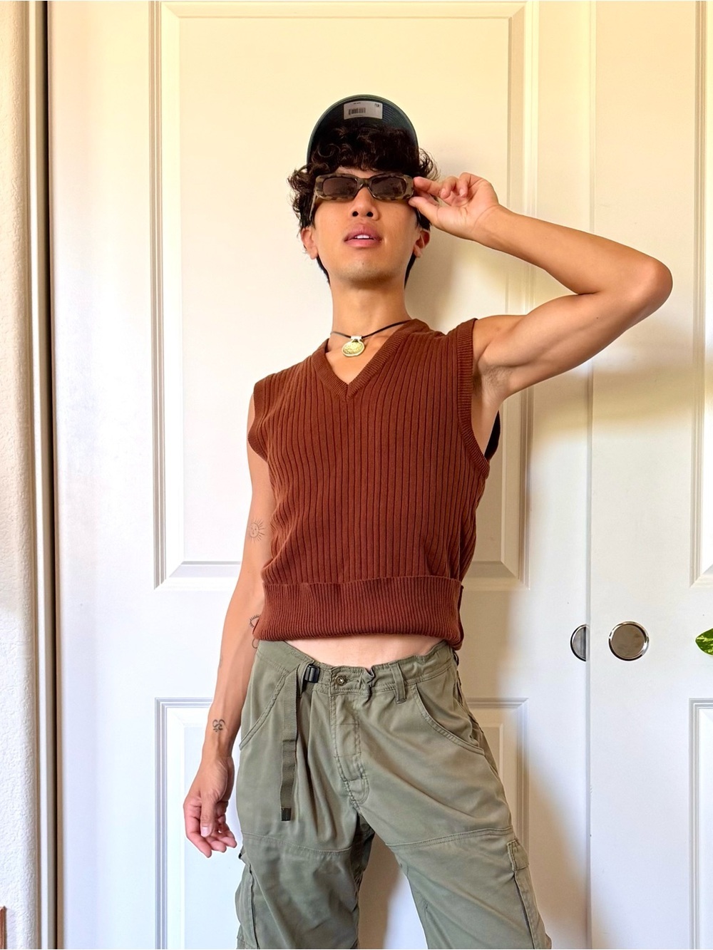 Vintage Brown Ribbed V-Neck Sweater Vest